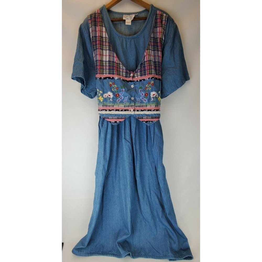 Modest Denim Dress  Plaid Floral Embroidered Vest Country Wear Women's 20W
